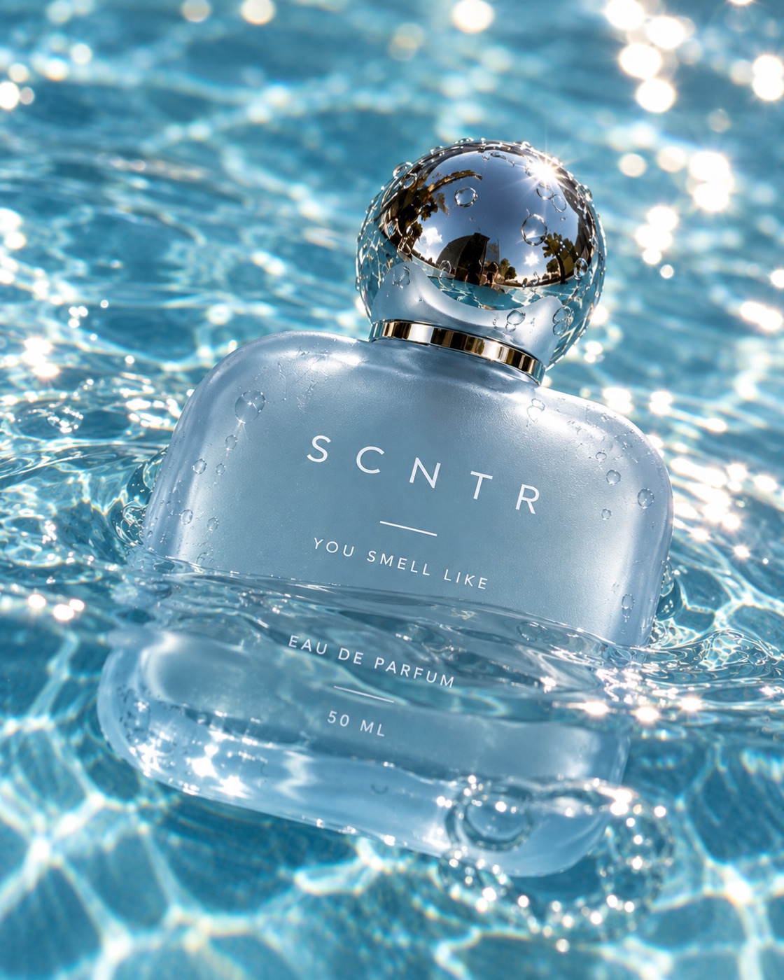 Botol SCNTR Aqua dengan nuansa biru dan air