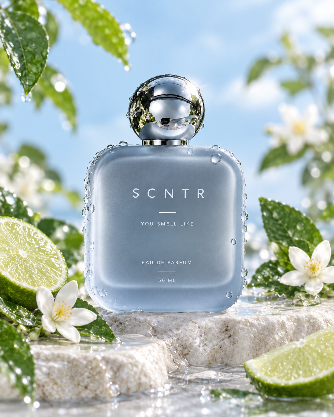 Tampilan depan botol kaca frosted biru muda SCNTR Aqua